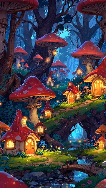 Enchanted Mushroom Village in Moonlit Forest - Free 4K & 8K Mobile Wallpaper