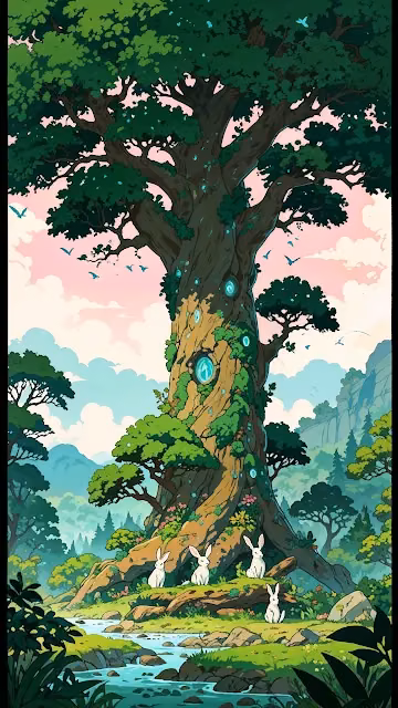 Enchanted Tree House with Rabbits in Forest - Free 4K & 8K Mobile Wallpaper