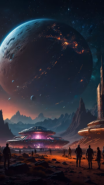 Epic Alien Landing Site with Colossal Planet View - Free 4K & 8K Mobile Wallpaper