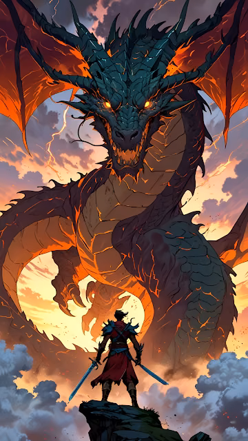 Epic Dragon Confrontation Warrior Dual Swords Fantasy Battle - Free 4K & 8K Mobile Wallpaper