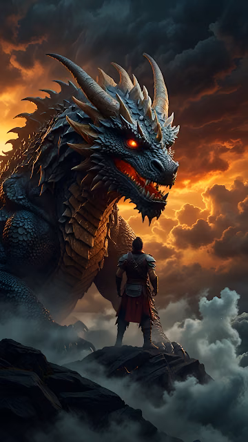 Epic Dragon Confrontation Warrior Facing Fiery Sky - Free 4K & 8K Mobile Wallpaper
