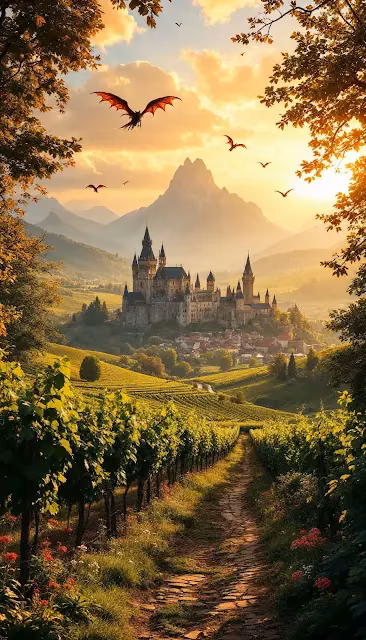 Epic Fantasy Castle Valley Vineyard Sunset Dragons - Free 4K & 8K Mobile Wallpaper