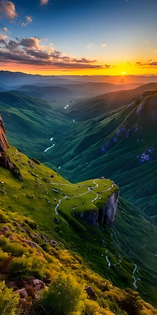 Epic Green Mountain Valley Vista at Golden Hour Sunset - Free 4K & 8K Mobile Wallpaper