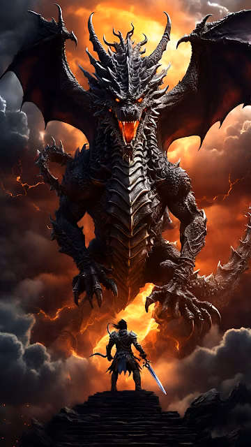 Epic Knight Confronts Terrifying Black Dragon in Fire Storm - Free 4K & 8K Mobile Wallpaper