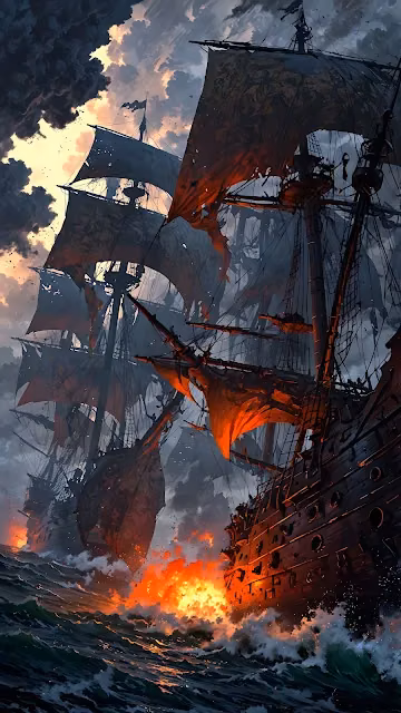 Epic Naval Battle Fantasy Art with Burning Pirate Ships - Free 4K & 8K Mobile Wallpaper