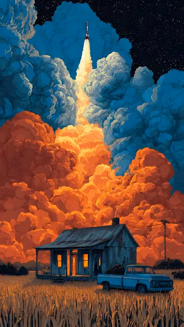 Epic Rocket Launch Over Rustic Farmhouse Illustration - Free 4K & 8K Mobile Wallpaper