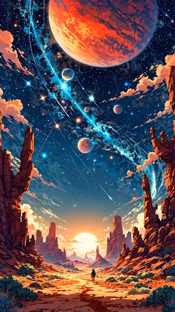 Epic Sci-Fi Desert Canyon Lone Explorer Giant Planet - Free 4K & 8K Mobile Wallpaper