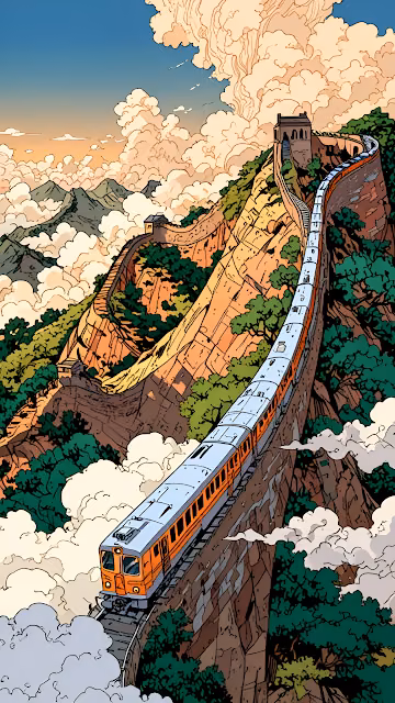 Epic Train Journey on Great Wall of China, Comic Art Style - Free 4K & 8K Mobile Wallpaper