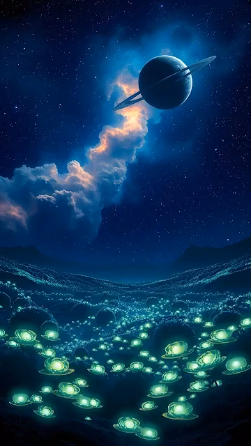 Ethereal Alien World with Glowing Flora and Cosmic Nebula Sky - Free 4K & 8K Mobile Wallpaper