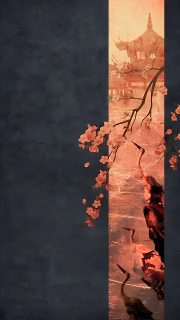Ethereal Asian Panel with Sakura Blossoms and Cranes - Free 4K & 8K Mobile Wallpaper