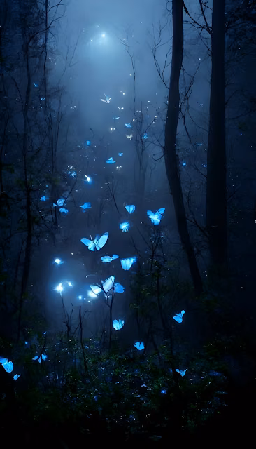 Ethereal Blue Glowing Butterflies in Dark Mystical Forest - Free 4K & 8K Mobile Wallpaper