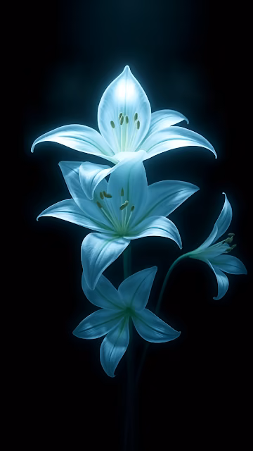 Ethereal blue lilies glow softly against dark background - Free 4K & 8K Mobile Wallpaper