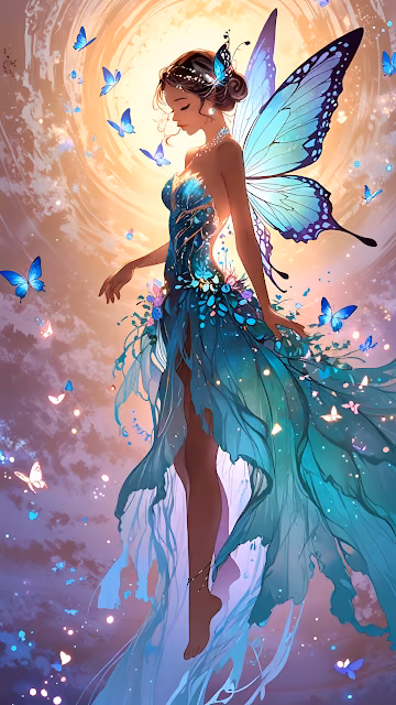 Ethereal Butterfly Fairy in Teal Gown and Sunlight - Free 4K & 8K Mobile Wallpaper