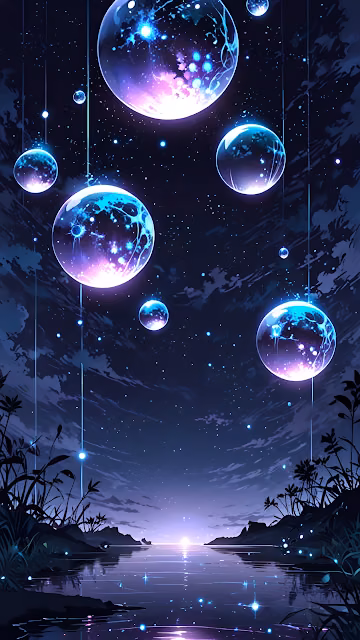 Ethereal Cosmic Spheres Floating Above Reflective Night Water - Free 4K & 8K Mobile Wallpaper