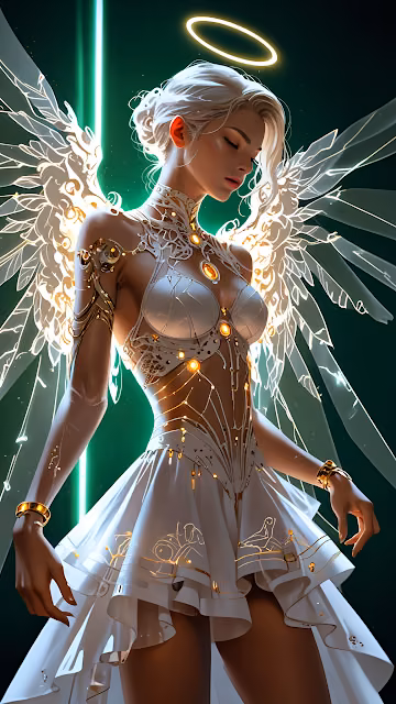 Ethereal Cyber Angel Portrait Glowing White Dress Emerald Green - Free 4K & 8K Mobile Wallpaper
