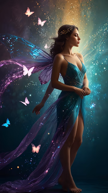 Ethereal Fairy Queen with Sparkling Wings and Butterflies - Free 4K & 8K Mobile Wallpaper