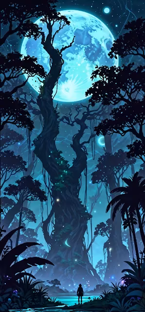 Ethereal Jungle Silhouettes under a Neon Blue Full Moon - Free 4K & 8K Mobile Wallpaper