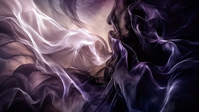 Dynamic billowing folds of dark purple and semi-sheer lavender fabric in ambient light.