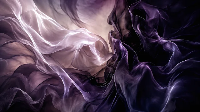 Deep purple and lavender translucent silk cloth billows into graceful, layered curves. Dynamic billowing folds of dark purple and semi-sheer lavender fabric in ambient light.