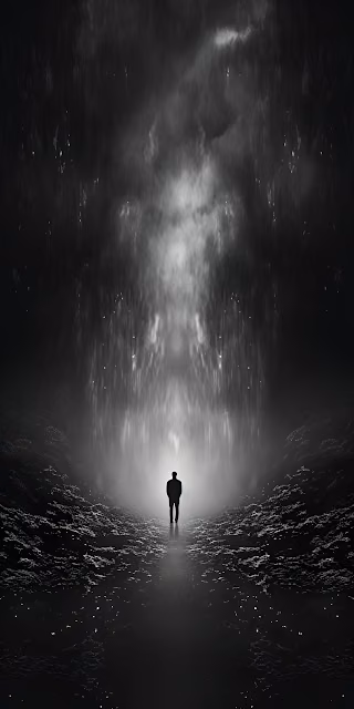 Ethereal Light Chasm Figure Dark Monochrome Art - Free 4K & 8K Mobile Wallpaper