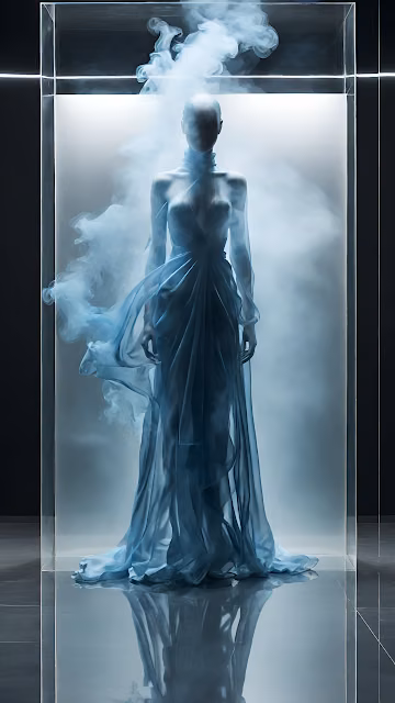 Ethereal Mannequin in Blue Gown Inside Glass Display Case - Free 4K & 8K Mobile Wallpaper