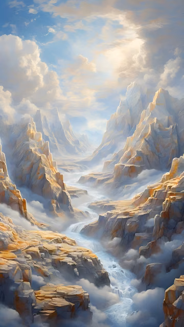 Ethereal Mountain Canyon River Flow Digital Painting - Free 4K & 8K Mobile Wallpaper