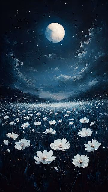 Ethereal Night Field Painting with White Flowers and Moon - Free 4K & 8K Mobile Wallpaper