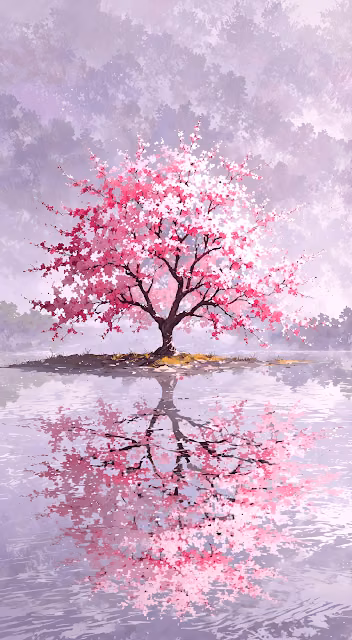 Ethereal Pink Sakura Tree Reflected in Lavender Water - Free 4K & 8K Mobile Wallpaper