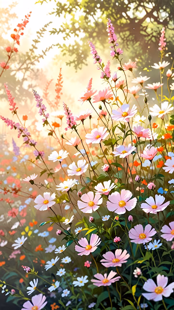 Ethereal Wildflower Meadow Sunlight Cosmos Blooms - Free 4K & 8K Mobile Wallpaper