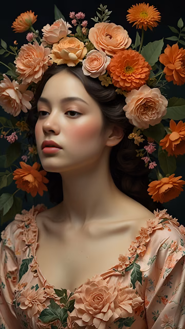 Ethereal Woman Portrait with Peach Floral Crown - Free 4K & 8K Mobile Wallpaper