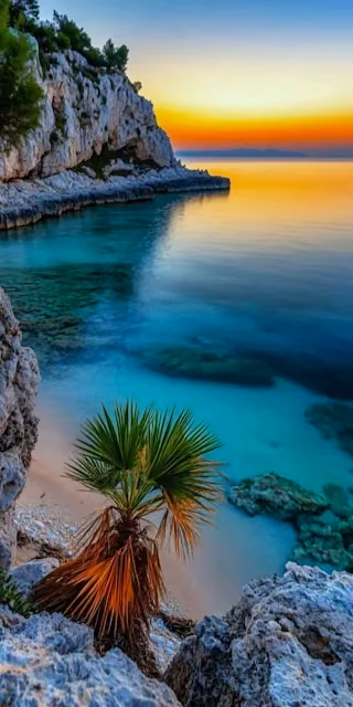 Exotic Beach Cove Turquoise Water Rocky Cliffs Sunset View - Free 4K & 8K Mobile Wallpaper