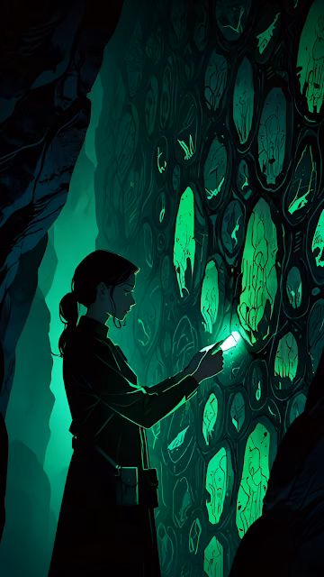 Explorer Examining Glowing Green Organic Cave Wall - Free 4K & 8K Mobile Wallpaper
