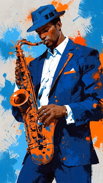 Expressionist Jazz Saxophonist, Blue Orange Splatter Art - Free 4K & 8K Mobile Wallpaper