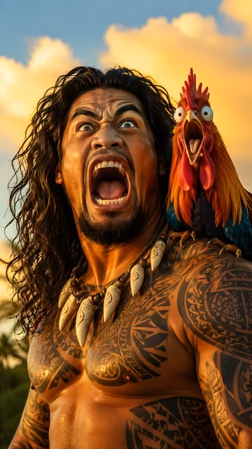 A muscular, heavily tattooed man with long hair screaming alongside a brightly colored, screaming cartoon rooster on his shoulder.