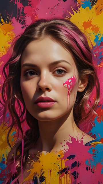 Expressive Woman Portrait with Neon Paint Splatters - Free 4K & 8K Mobile Wallpaper