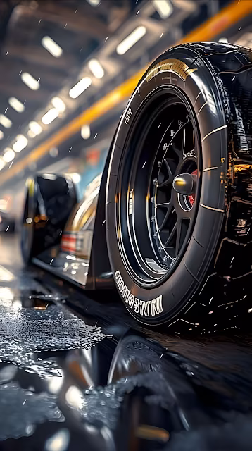 Extreme Close Up Race Car Slick Tire on Wet Pit Lane - Free 4K & 8K Mobile Wallpaper