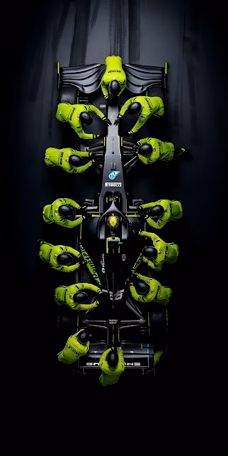 F1 Pit Stop Overhead View Neon Pit Crew Symmetry - Free 4K & 8K Mobile Wallpaper
