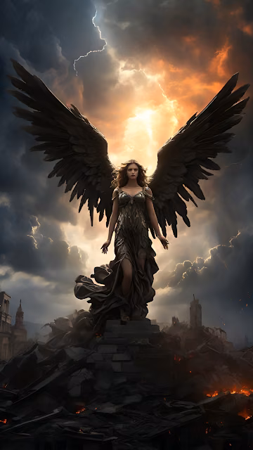 Fallen Angel with Dark Wings Amidst Ruins Under Stormy Sky - Free 4K & 8K Mobile Wallpaper