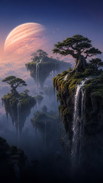 Fantasy Floating Mossy Islands with Waterfalls Wallpaper - Free 4K & 8K Mobile Wallpaper