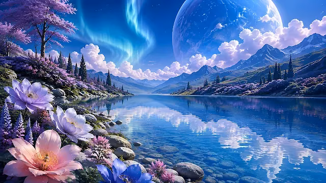 Fantasy alpine lake surrounded by purple flowers reflects green northern lights and a giant planet. Alpine lake reflecting green aurora borealis and a large celestial planet beside purple wildflowers.