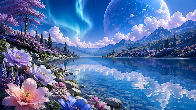 Fantasy alpine lake surrounded by purple flowers reflects green northern lights and a giant planet. Alpine lake reflecting green aurora borealis and a large celestial planet beside purple wildflowers.
