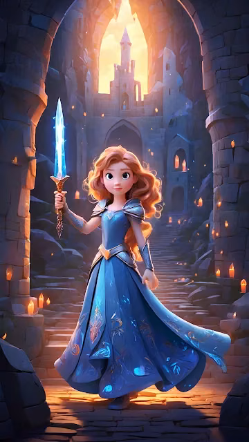 Fantasy Princess Warrior with Glowing Sword at Castle Entrance - Free 4K & 8K Mobile Wallpaper