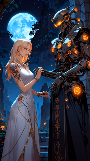 Fantasy Romance Cyborg Woman Moonlit Forest - Free 4K & 8K Mobile Wallpaper