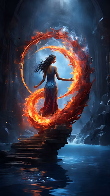 Fantasy Woman Fire Ring Portal Dark Cavern Magic Art - Free 4K & 8K Mobile Wallpaper