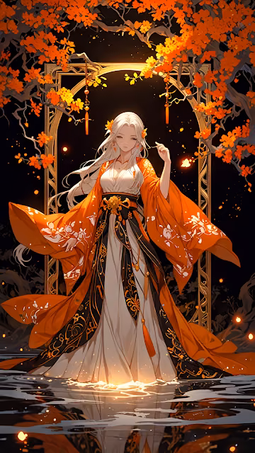 Fantasy Woman in Flowing Orange Kimono Beneath Autumn Tree - Free 4K & 8K Mobile Wallpaper