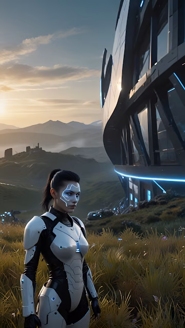 Female Cyborg in Armor Standing Before Futuristic Structure - Free 4K & 8K Mobile Wallpaper