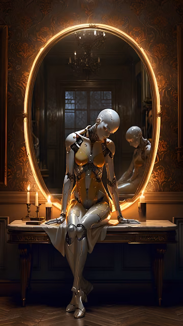 Female Robot Contemplating Reflection in Ornate Mirror - Free 4K & 8K Mobile Wallpaper