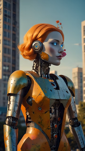 Female Robot with Red Hair and Flower Adornments in City - Free 4K & 8K Mobile Wallpaper