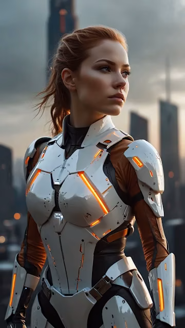 Female soldier in white and orange armored suit stands tall - Free 4K & 8K Mobile Wallpaper