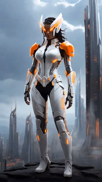 Female warrior in white and orange armor stands on futuristic cliff - Free 4K & 8K Mobile Wallpaper